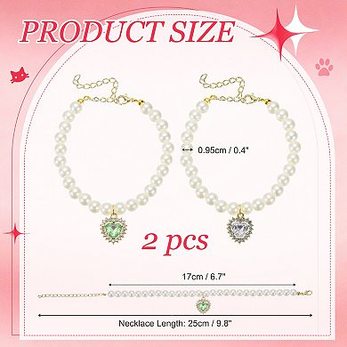 2Pcs Cats Dogs Pearl Collar Small Heart Shape Rhinestone Necklace