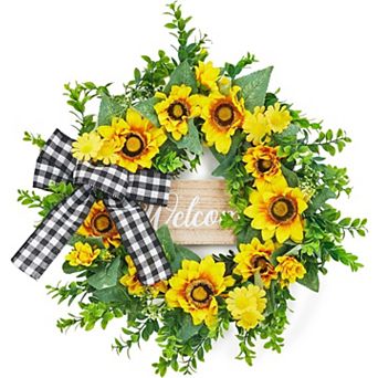 20 Inch Sunflower Wreath with Welcome Sign, Yellow Blooms and Buffalo Plaid Bow, for Home Decor
