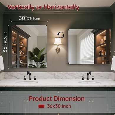 SUMERAIN Rounded Corner Mirror 36"x30", Matte Black Metal Frame, 4mm Shatterproof Tempered Glass