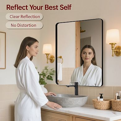 SUMERAIN Rounded Corner Mirror 36"x30", Matte Black Metal Frame, 4mm Shatterproof Tempered Glass