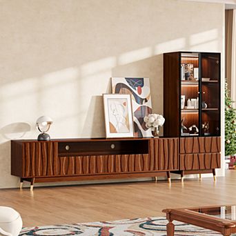 102.3'' Walnut Finish Entertainment Center, Wood TV Stand for TVs up to 75" and 3 tier Display Shelf