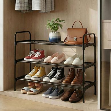 Great Ambitions 3-Tier Rustproof Iron Shoe Rack for Closet, Entryway Storage - Black