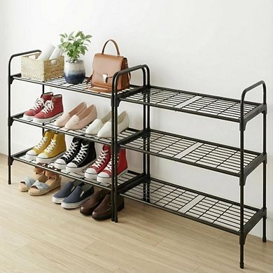 Great Ambitions 3-Tier Rustproof Iron Shoe Rack for Closet, Entryway Storage - Black