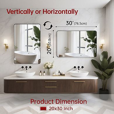 SUMERAIN Matte Black Bathroom Vanity Mirror, 20x30 Inch Tempered Glass, Wall Mounted, Rounded Corner
