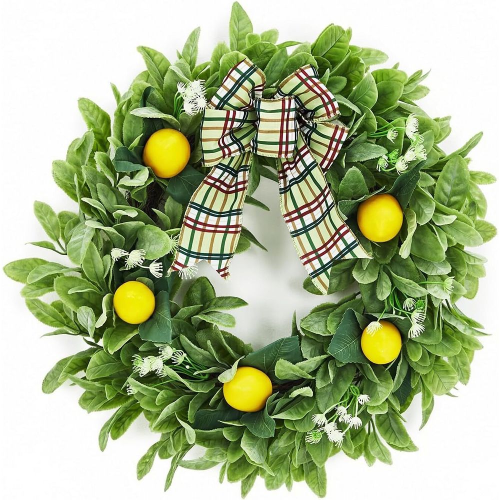 20 Inch Artificial Lemon Wreath with Lamb Ear Leaves & Bow for Front ...