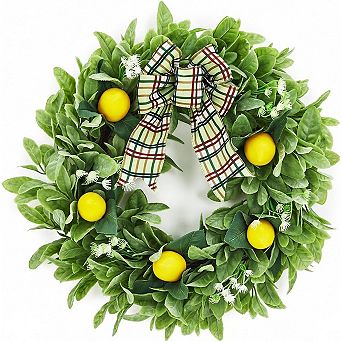 20 Inch Artificial Lemon Wreath with Lamb Ear Leaves & Bow for Front Door Farmhouse Porch Wall Decor