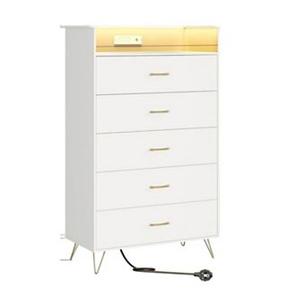 5 Drawer Wooden Dressers for Bedroom with LED Lights & Charging Station, Modern Nightstand