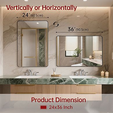 SUMERAIN 24"x36" Rounded Corner Mirror, Matte Black Metal Frame, Shatterproof Tempered Glass 2-pack