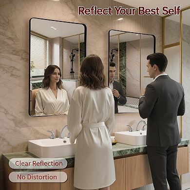 SUMERAIN 24"x36" Rounded Corner Mirror, Matte Black Metal Frame, Shatterproof Tempered Glass 2-pack