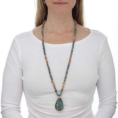 Genuine Multicolor Jasper Beaded Goldtone Bezel Set Pendant Necklace 36 Inch