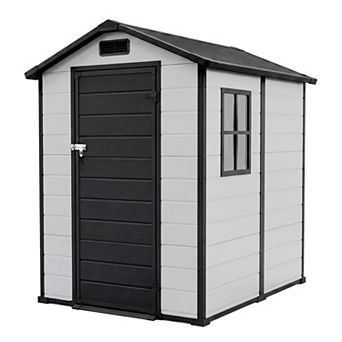 4x6 FT Outdoor Storage Shed, Plastic Resin Garden Shed with Window & Sloping Roof & Lockable Door