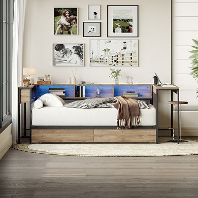 GOODSILO Twin Corner Bed Frame with Bookcase Storage Drawers LED Lights Charging Station