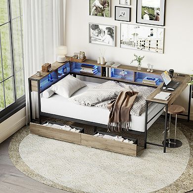 GOODSILO Twin Corner Bed Frame with Bookcase Storage Drawers LED Lights Charging Station