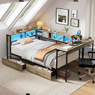 GOODSILO Twin Corner Bed Frame with Bookcase Storage Drawers LED Lights Charging Station
