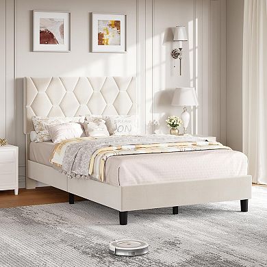 Bed Frame,Upholstered Platform Bed with Adjustable Headboard,Strong Wood Slats,Mattress Foundation