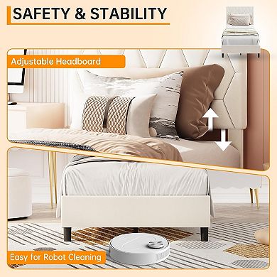 Bed Frame,Upholstered Platform Bed with Adjustable Headboard,Strong Wood Slats,Mattress Foundation