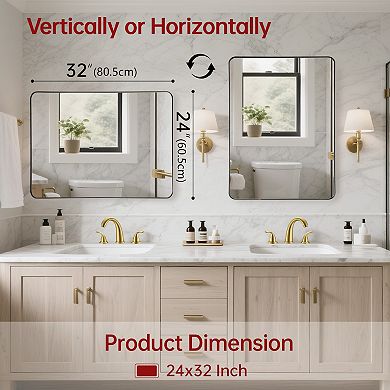 SUMERAIN Rounded Corner Bathroom Mirror 24"x32",Matte Black Metal Frame,Shatterproof Tempered Glass