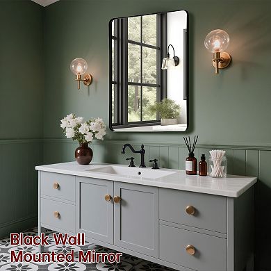 SUMERAIN Rounded Corner Bathroom Mirror 24"x32",Matte Black Metal Frame,Shatterproof Tempered Glass