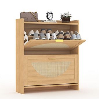 Rattan Shoe Storage Cabinet with 2 Flip Drawers Slim Wooden Shoe Organizer for Entryway