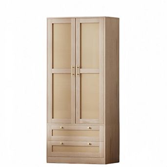 72" Tall Wardrobe Armoire Closet with Mirror, Rattan Armoire Storage Cabinet with 2 Doors