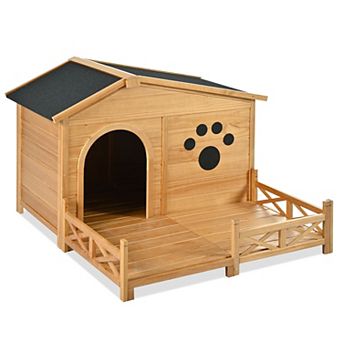 Whisen Wooden Dog House with Water-Resistant Asphalt Roof and Fencing
