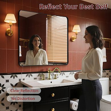 SUMERAIN 38"x38" Rounded Corner Wall Mount Mirror, Matte Black Metal Frame, 4mm Tempered Glass