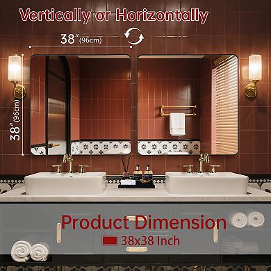 SUMERAIN 38"x38" Rounded Corner Wall Mount Mirror, Matte Black Metal Frame, 4mm Tempered Glass