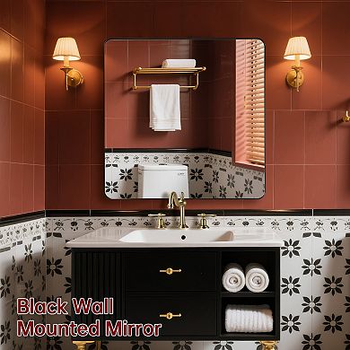 SUMERAIN 38"x38" Rounded Corner Wall Mount Mirror, Matte Black Metal Frame, 4mm Tempered Glass