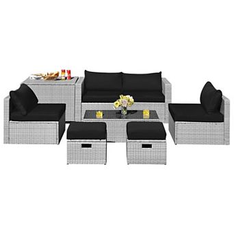 8 pc Patio Furniture Set with Storage Box and Cushions