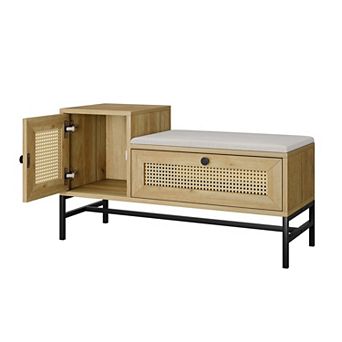 Rattan Shoe Bench with Linen Seat Cushion, Entryway Bench with Storage Cabinet,Wooden Storage Bench