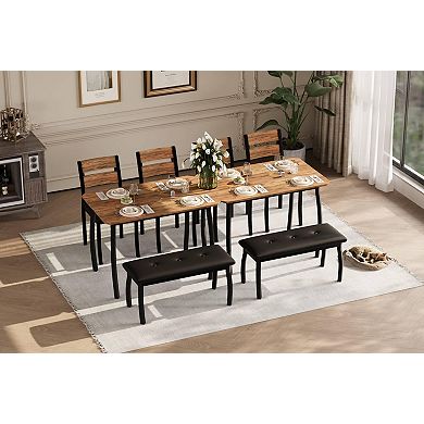 Dining Set for 4 Wooden Table w/ Chamfer, Metal Legs, Upholste Bench