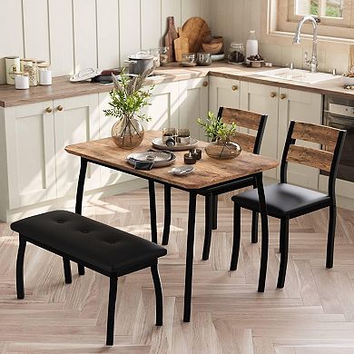 Dining Set for 4 Wooden Table w/ Chamfer, Metal Legs, Upholste Bench