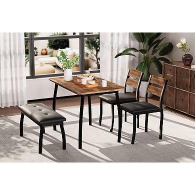 Dining Set for 4 Wooden Table w/ Chamfer, Metal Legs, Upholste Bench
