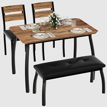 Dining Set for 4 Wooden Table w/ Chamfer, Metal Legs, Upholste Bench