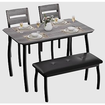 Dining Set for 4 Wooden Table w/ Chamfer, Metal Legs, Upholste Bench