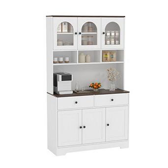 Kitchen Pantry Cabinet with Glass Display & Open Shelves, 71" Organizer with Spacious Countertop