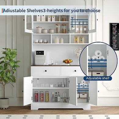 Kitchen Pantry Cabinet with Glass Display & Open Shelves, 71" Organizer with Spacious Countertop