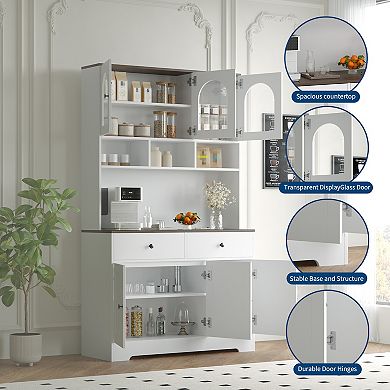 Kitchen Pantry Cabinet with Glass Display & Open Shelves, 71" Organizer with Spacious Countertop