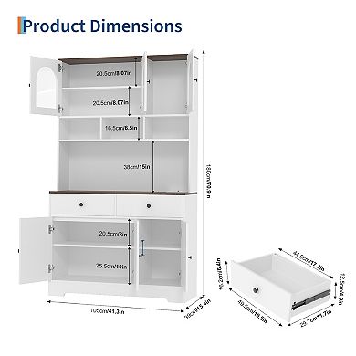 Kitchen Pantry Cabinet with Glass Display & Open Shelves, 71" Organizer with Spacious Countertop