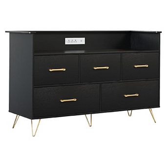 LED Dresser with Charging Station - Modern 5-Drawer Wooden Chest, Storage Organizer