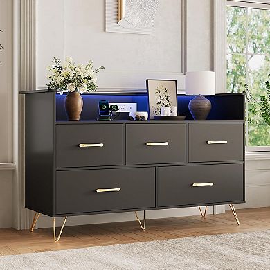LED Dresser with Charging Station - Modern 5-Drawer Wooden Chest, Storage Organizer