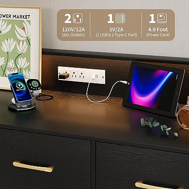 LED Dresser with Charging Station - Modern 5-Drawer Wooden Chest, Storage Organizer