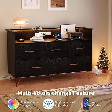 LED Dresser with Charging Station - Modern 5-Drawer Wooden Chest, Storage Organizer