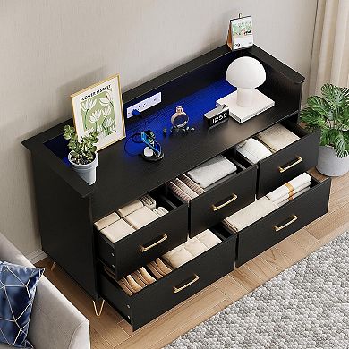 LED Dresser with Charging Station - Modern 5-Drawer Wooden Chest, Storage Organizer
