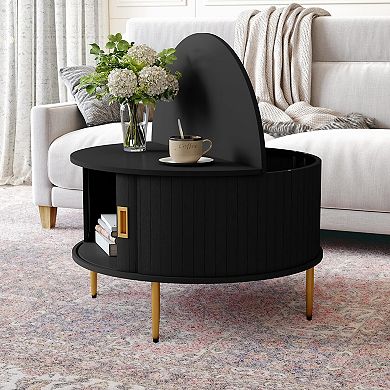 31.9" Round Coffee Table with Fluted Design and Tambour Door