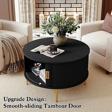 31.9" Round Coffee Table with Fluted Design and Tambour Door