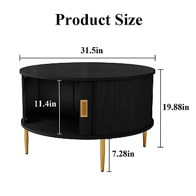 31.9" Round Coffee Table with Fluted Design and Tambour Door
