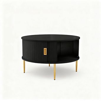 31.9" Round Coffee Table with Fluted Design and Tambour Door