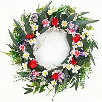 20 Inch Artificial Colorful Flower Wreath with Eucalyptus Leaves, Daisies, and Mixed Blooms