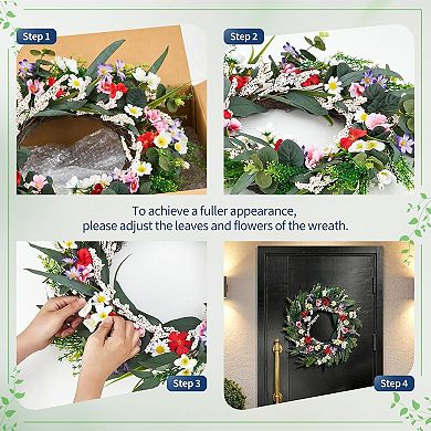 20 Inch Artificial Colorful Flower Wreath with Eucalyptus Leaves, Daisies, and Mixed Blooms